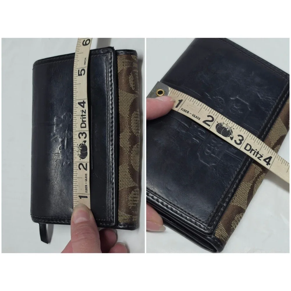 Vintage COACH Y2K Signature Brown Tan Canvas Black Leather Small Bifold Wallet